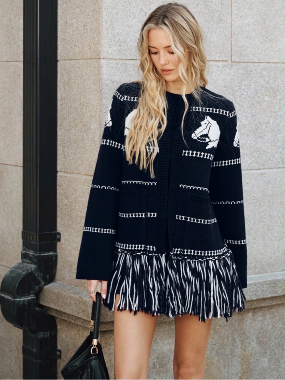 COMMENSE Horse-Pattern Wool Blend Fringe Cardigan XL